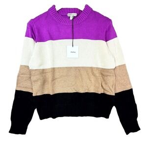 Bop Basics Sweater Womens Large Fuchsia Camel Wide Stripe Roll Neck Bright Cabin